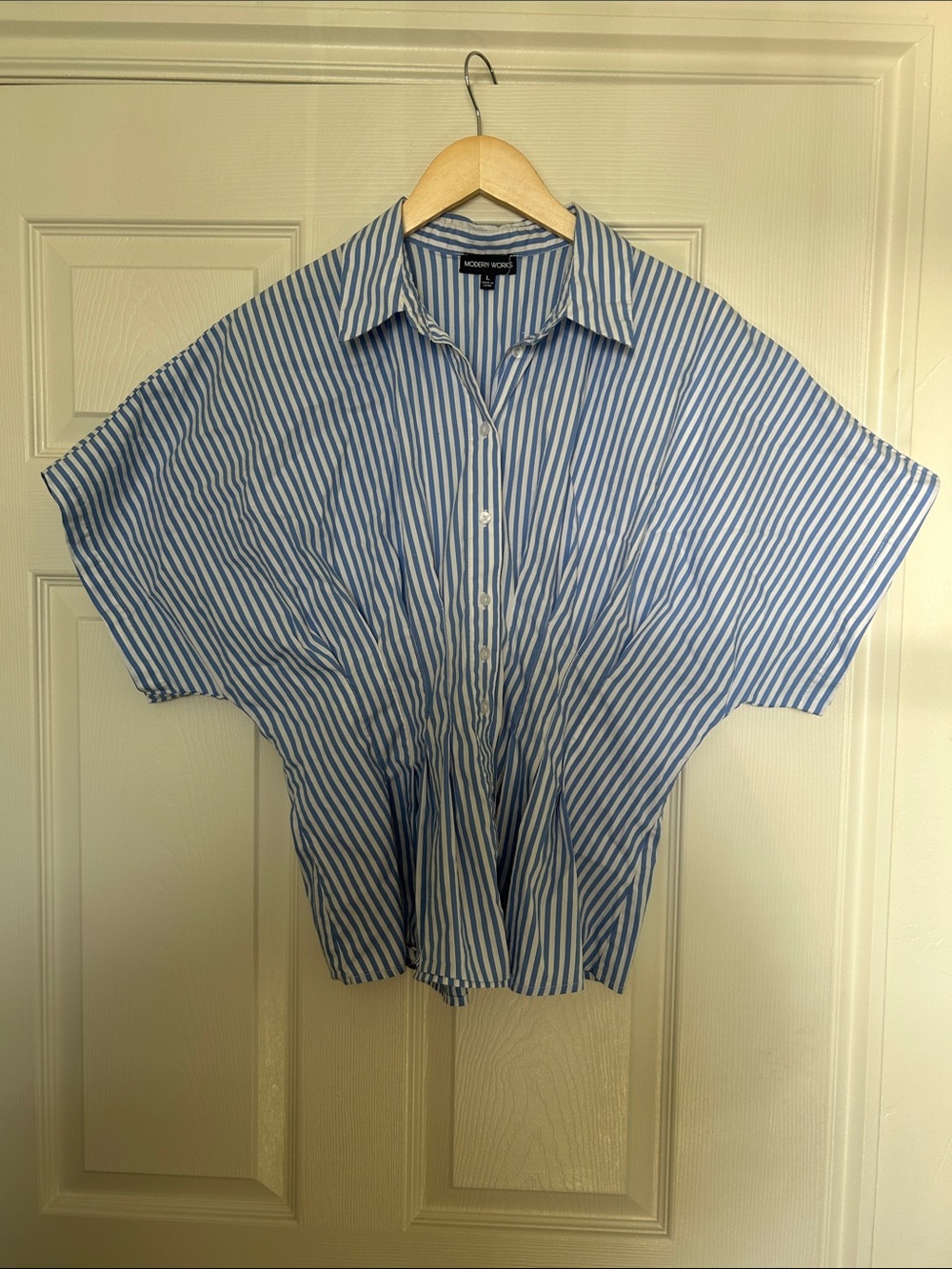 ‘Modern Works’ Cinched Blue & White Striped Button-Up Shirt